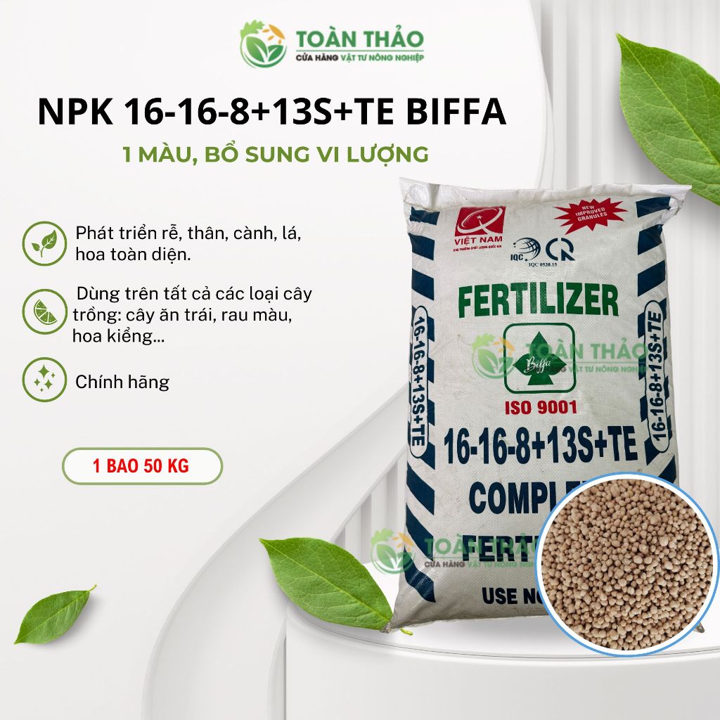 Phân Bón NPK 16-16-8+13S+TE BIFFA (Bao 50kg) - Hạt 1 Màu, Siêu Bung Đọt, Ra Rễ Mạnh, Phục Hồi Cây