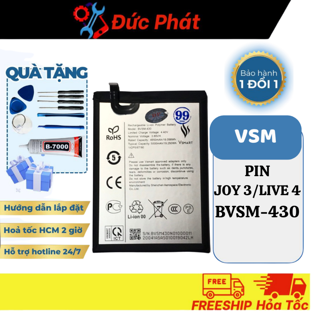 Pin Thay THẾ VSM BVSM-430 - JOY 3/ LIVE 4 (Tặng keo dán, bộ sửa)