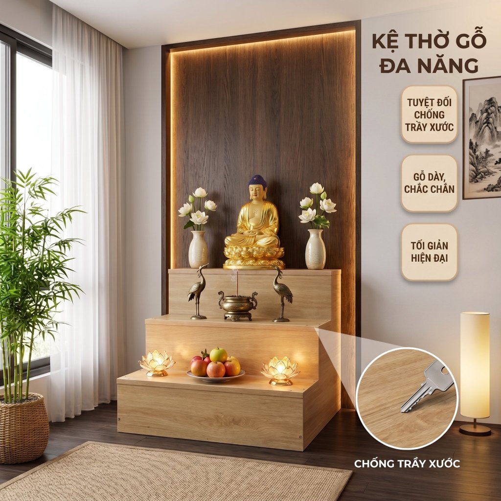 Bục gỗ tam cấp đôn tam cấp bàn thờ phật thờ gia tiên bàn thờ ông địa bàn thờ gỗ công nghiệp MDF bền 