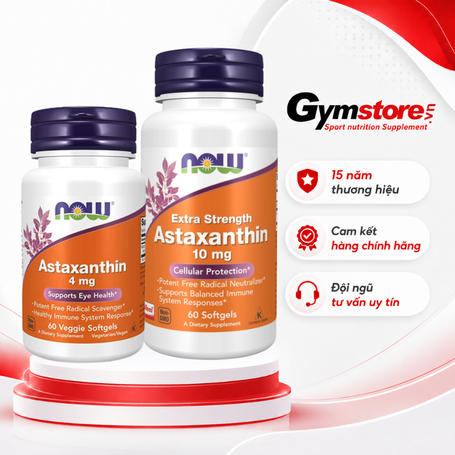 Viên uống Now Astaxanthin 10mg/ 4mg, hỗ trợ chống oxy hóa, giảm lão hóa, bảo vệ thị lực - Gymstore