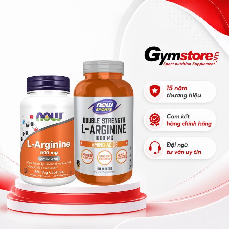 Viên uống Now L-Arginine 500mg/1000mg, hỗ trợ tăng cường lưu thông máu, bơm cơ tối đa - Gymstore