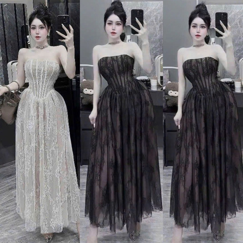 DỰ TIỆC Đầm Cúp Ngực Corset Dáng Dài Phối Ren Sang Chảnh 2 Lớp