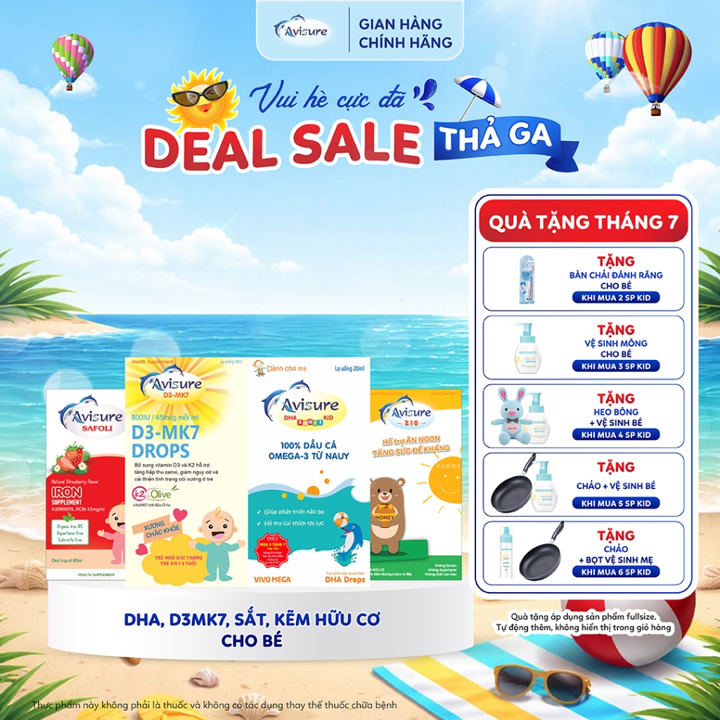 TPBVSK Bộ tứ Avisure sắt hữu cơ, D3K2, DHA Từ Dầu Cá Na Uy, Kẽm Hữu Cơ Cho Bé