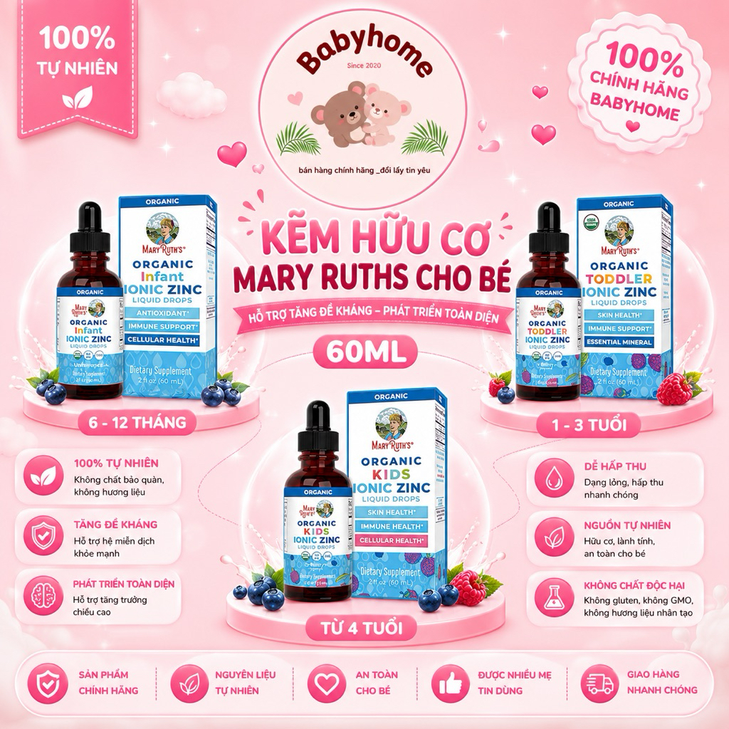 [date 2027]Kẽm lỏng hữu cơ Mary Ruth's Kids Ionic Zinc Liquid Drops, 4-13y (60ml)
