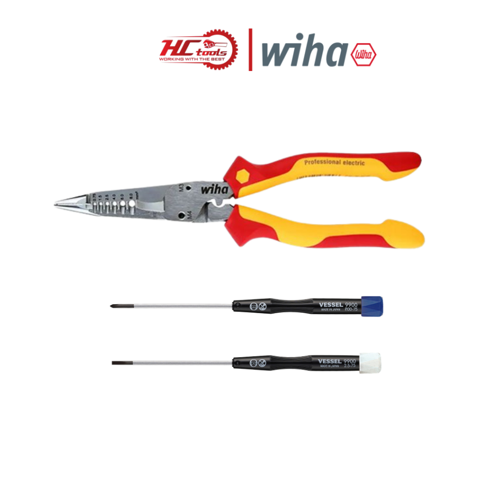 Combo Kìm Điện Đa Năng Wiha 47199 Và Cặp Tô Vít Điện Tử Vessel 9900 (2.5 & PH00) - HCTools