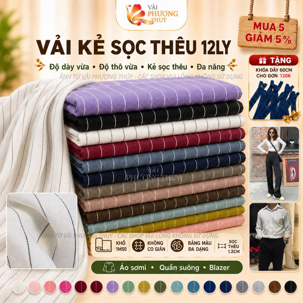 Vải kẻ sọc thêu Phượng Thúy khổ ngang 1m50 chuyên may sơmi quần tây, vest blazer thời trang nam nữ