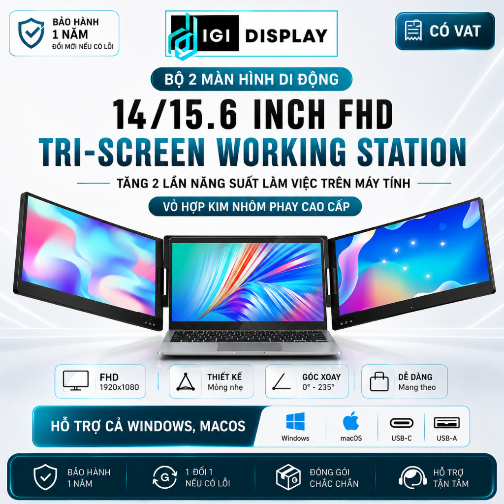 Bộ màn hình đôi/ba di động 14/15.6 inch FHD 100%sRGB cho laptop, Full HD IPS