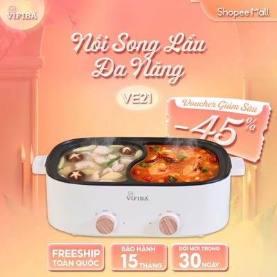 Nồi Song lẩu VIFIBA 5.5L - Chống Dính Teflon, Công Suất 1600W, Điều Chỉnh Nhiệt Độ Riêng, An Toàn
