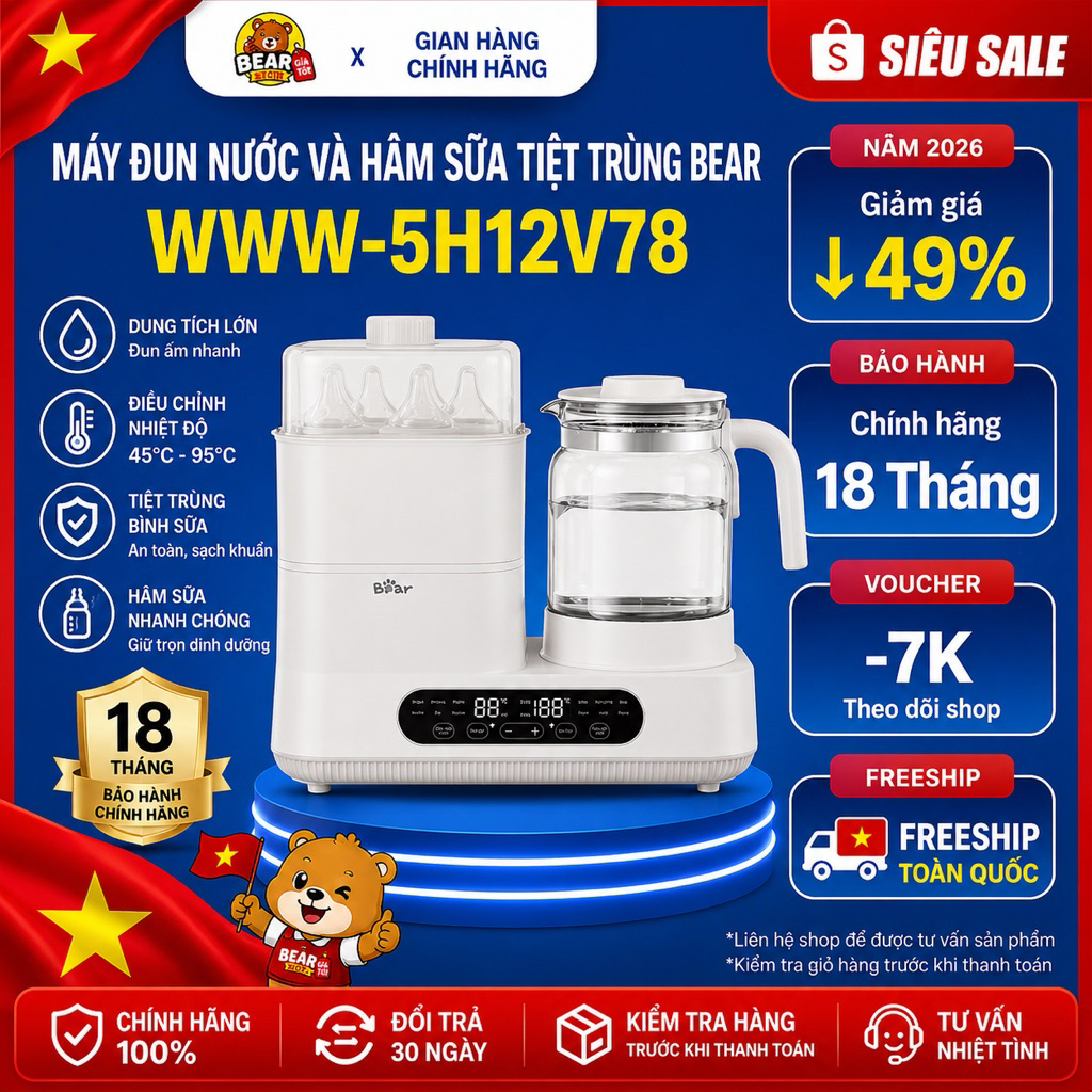 Máy Đun Nước Hâm Sữa Bear WW-5H12V78 Tiệt Trùng Đa Năng Chính Hãng Bảo Hành 18 Tháng