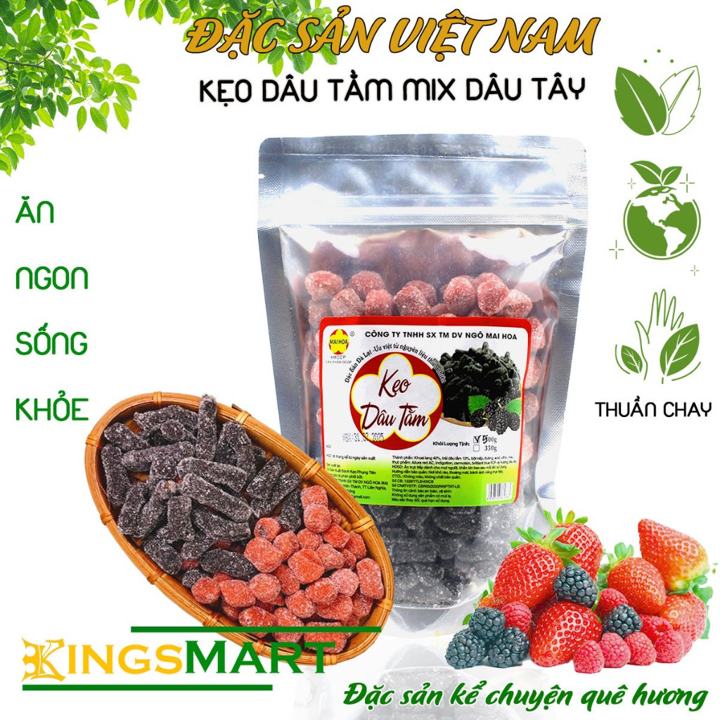 [Thuần chay] - Kẹo dâu tây mix dâu tằm Đà Lạt - Thương hiệu NGÔ MAI HOA - Túi 500g - Kingsmart thuần