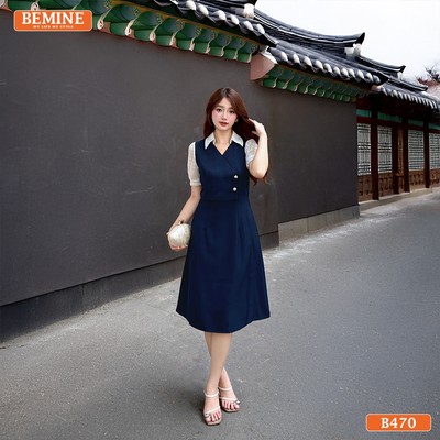 Đầm thiết kế BEMINE cổ sơ mi phối ren thêu hoa dáng chữ A phù hợp đi làm-B470