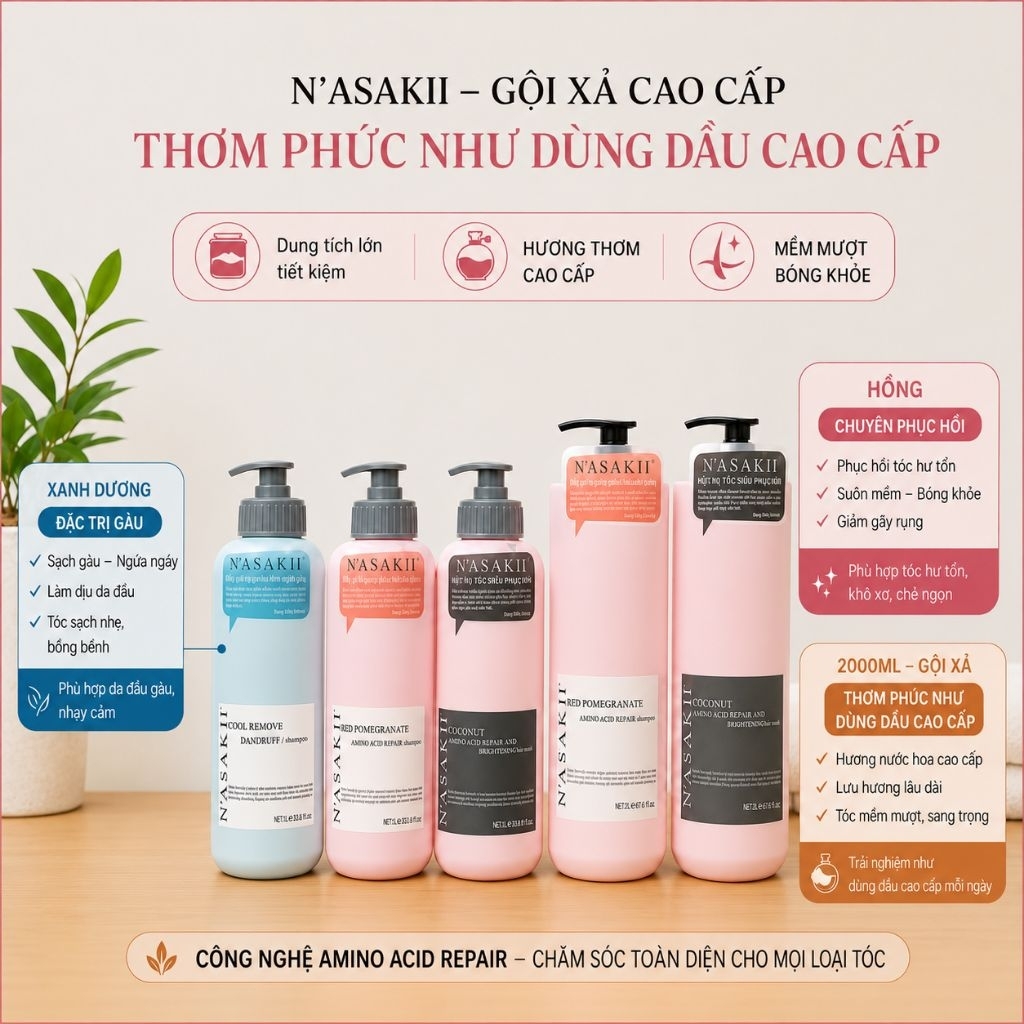 (Hàng loại 1) Cặp dầu gội NASAKII 1000ml 2000ml .thơm mượt ngăn tóc gãy rụng