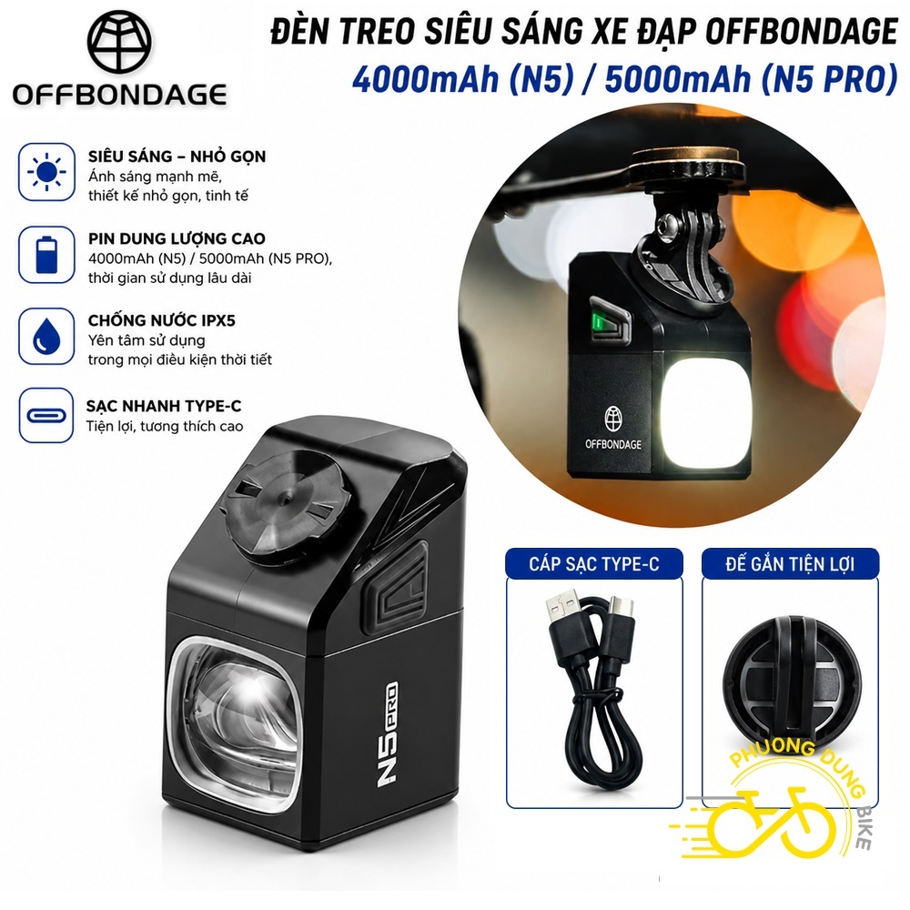 Đèn treo siêu sáng xe đạp 1000LM OFFBONDAGE N5 4000mAh N5 Pro 5000mAh