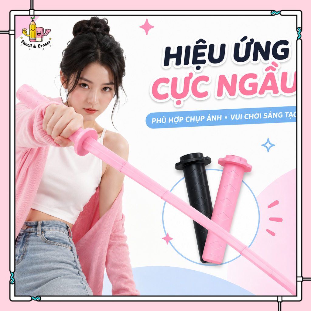 Kiếm Ninja 3D Co Rút Màu Đen, Đồ Chơi Hóa Trang Cosplay, Dài 76cm Thu Gọn 26cm
