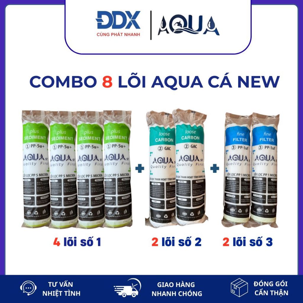 Combo 8 Lõi Lọc Nước Aqua Cá New - Combo gồm 4 lõi lọc số 1, 2 lõi lọc số 2 và 2 lõi lọc số 3