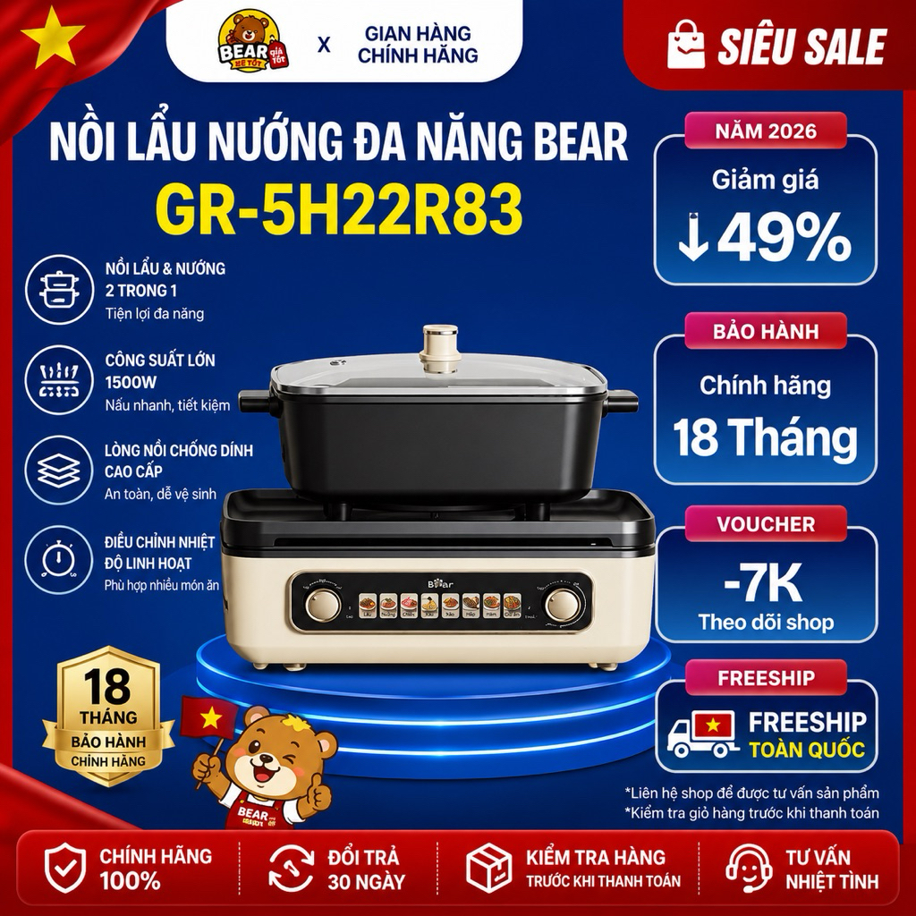Nồi Lẩu Nướng Bear GR-5H22R83 Đa Năng 2in1 Tiện Lợi Bảo Hành 18 Tháng