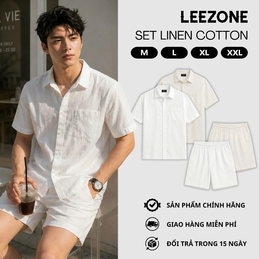 [MỞ BÁN] Set Linen Cotton Mát Nam LEEZONE | Set Sơ mi CỔ ĐỨC và Quần SHORT