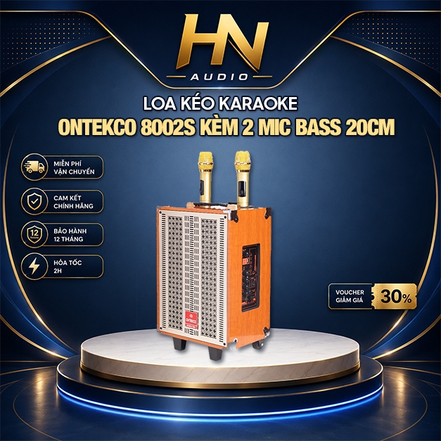 Loa kéo gỗ ONTEKCO 8002s kèm 2 micro không dây chuyên nghiệp, Bass 20 nhỏ gọn công suất lớn