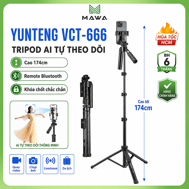 Tripod Điện Thoại Yunteng VCT-666 Auto Tracking Theo Dõi Khuôn Mặt Cơ Thể Chụp Cử Chỉ Cao 174cm