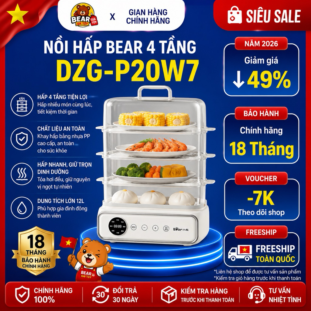 Nồi Hấp Bear 4 Tầng 21.5L DZG-P20W7 Đa Năng Hấp Nhanh Bảo Hành 18 Tháng
