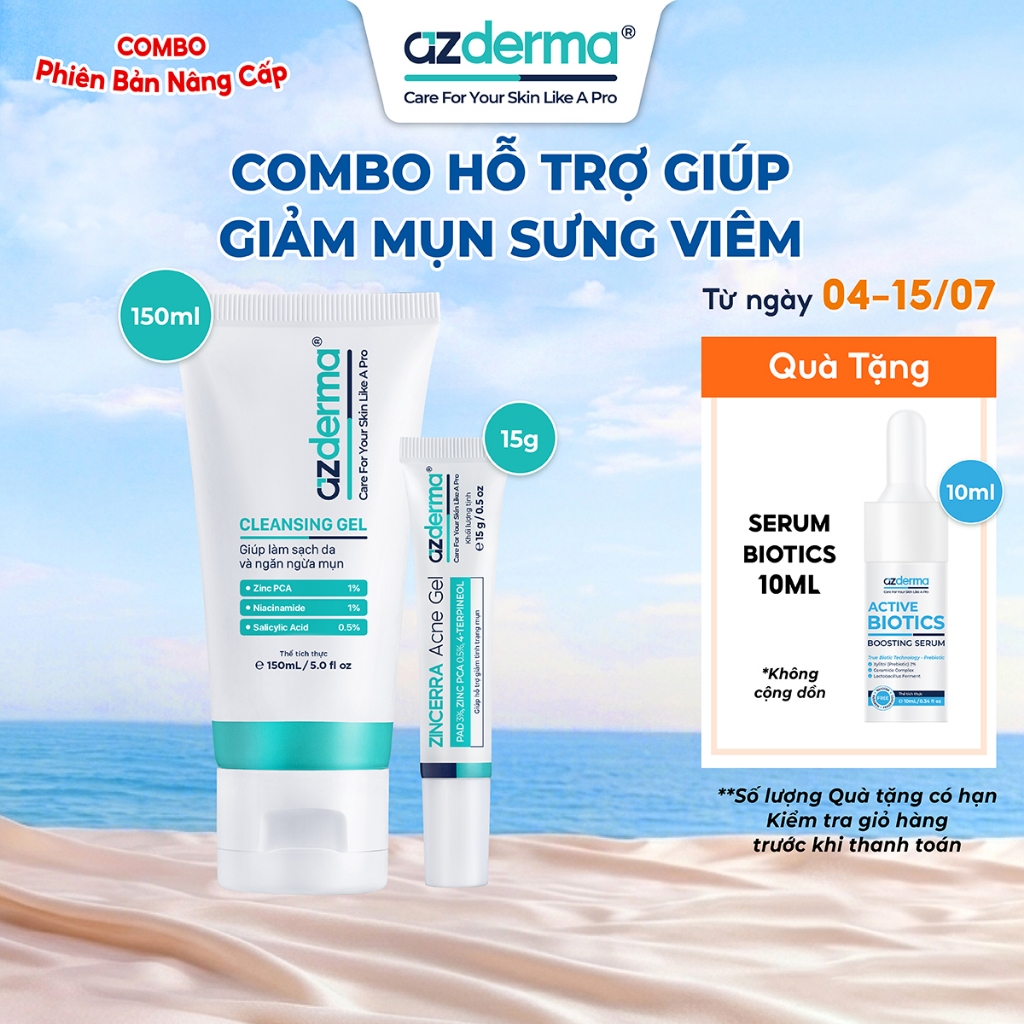 Combo Hỗ Trợ Giúp Giảm Mụn Sưng Viêm Azderma Zincerra Acne Gel 15g, Cleansing Gel Azderma 150ml