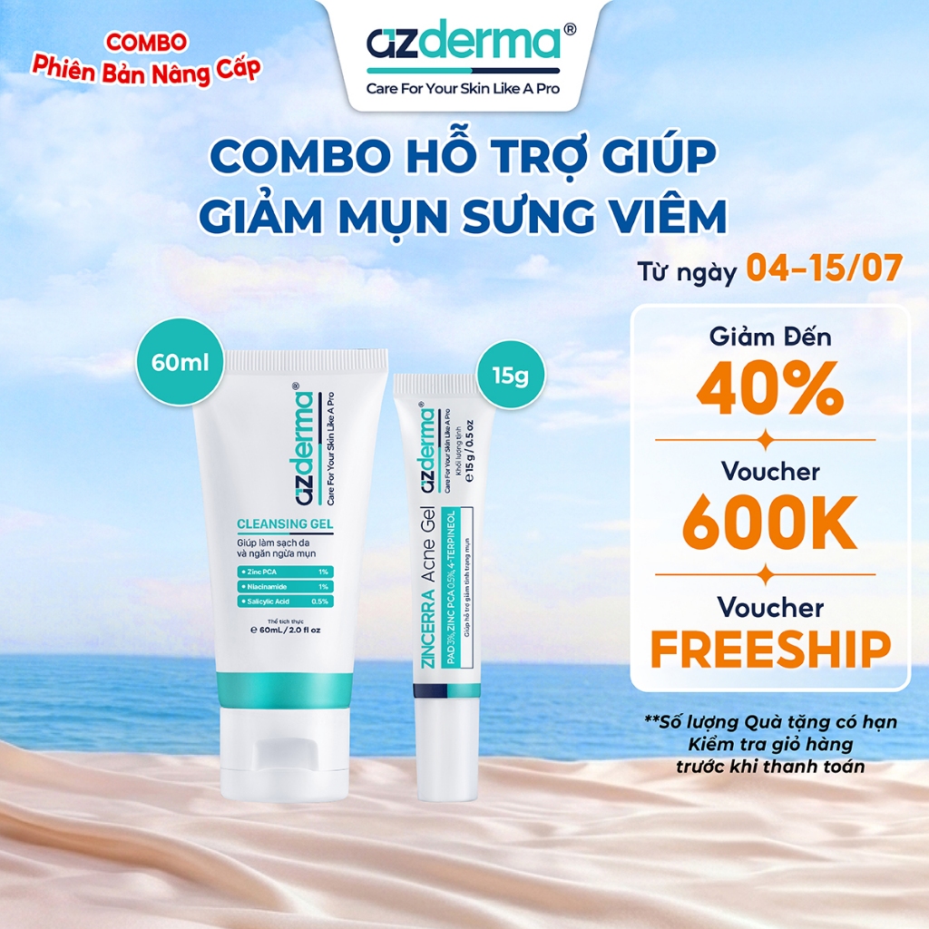 Combo Hỗ Trợ Giúp Giảm Mụn Sưng Viêm Azderma Zincerra Acne Gel 15g, Cleansing Gel Azderma 60ml