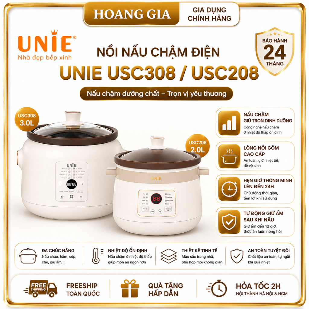 Nồi Nấu Chậm UNIE USC208/USC308 2L/3L - 8 Chương Trình Nấu Tự Động - Điều Khiển Cảm Ứng - Lòng Gốm C