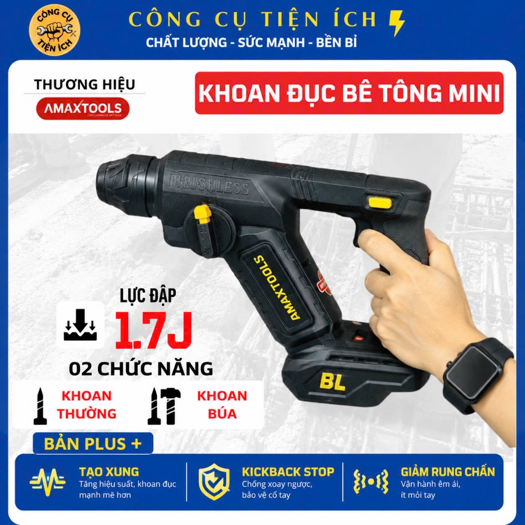 [BẢN MỚI] Thân Máy Khoan Bê Tông Mini AMAXTOOLS  A3CN12SM/PLUS+, Lực Đập 1.7J, Nhiều Tính Năng