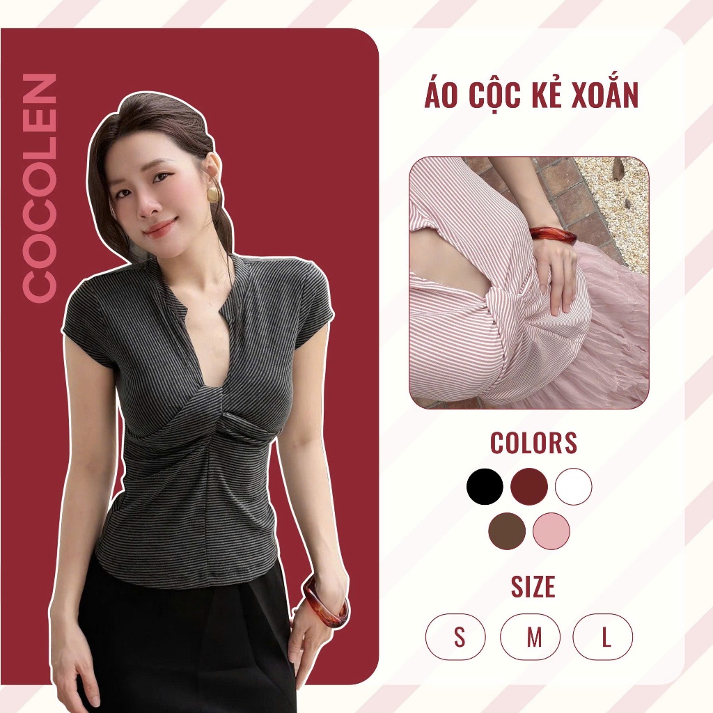Áo Cộc Kẻ Xoắn COCOLEN Dáng Cổ V Thanh Lịch, Gọn Gàng Mặc Đi Học, Đi Làm, Đi Chơi - A095 | BigBuy360 - bigbuy360.vn