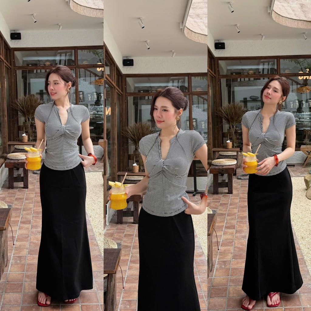 Áo Cộc Kẻ Xoắn COCOLEN Dáng Cổ V Thanh Lịch, Gọn Gàng Mặc Đi Học, Đi Làm, Đi Chơi - A095 | BigBuy360 - bigbuy360.vn