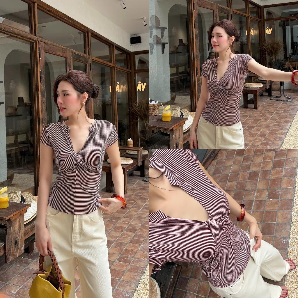 Áo Cộc Kẻ Xoắn COCOLEN Dáng Cổ V Thanh Lịch, Gọn Gàng Mặc Đi Học, Đi Làm, Đi Chơi - A095 | BigBuy360 - bigbuy360.vn
