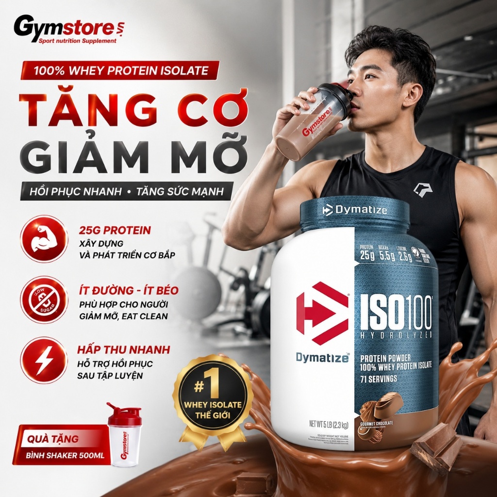 Sữa tăng cơ Dymatize ISO 100 Whey Protein Isolate, hỗ trợ tập gym, phát triển cơ bắp - Gymstore