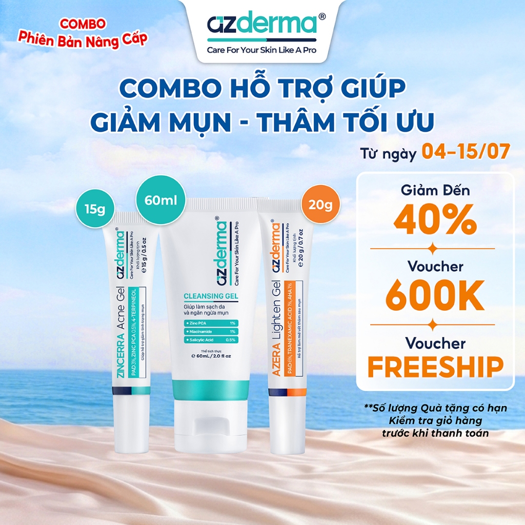 Combo Giúp Giảm Mụn Ngừa Thâm Tối Ưu Azderma Zincerra Acne Gel 15g, Cleansing Gel Azderma 60ml, Azer