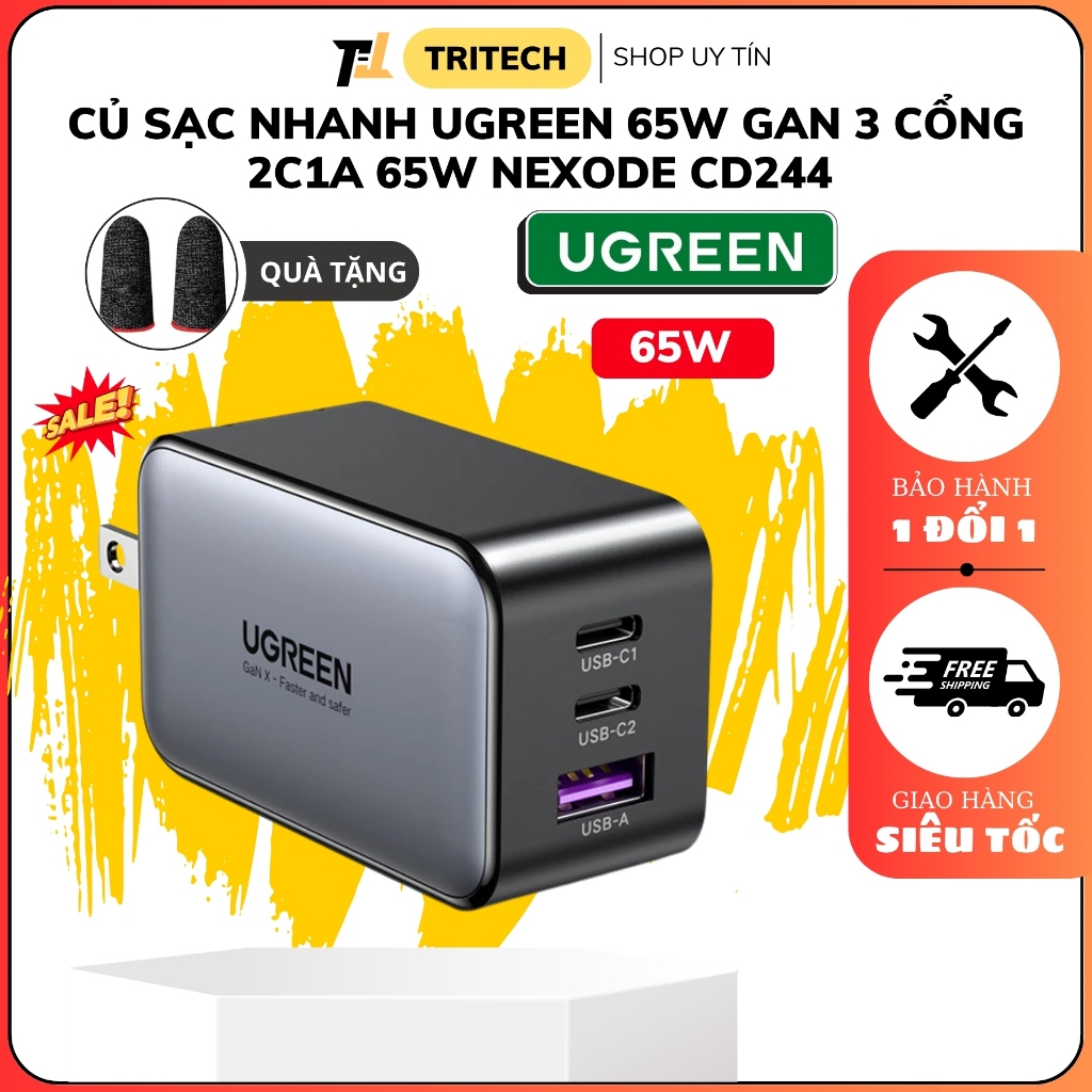 [HỎA TỐC] Củ sạc nhanh Ugreen 65W GaN 3 cổng 2C1A 65W Nexode CD244
