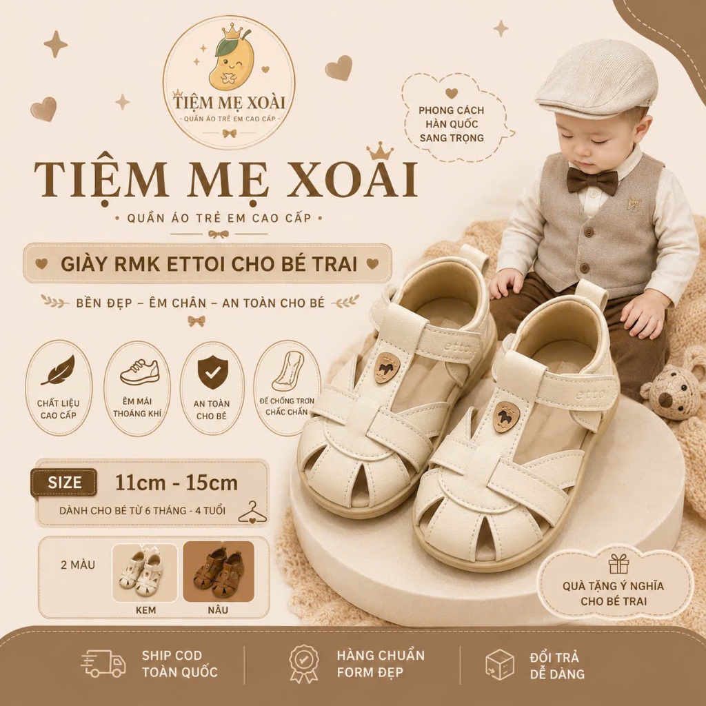 Giày ettoi trắng kem bản rmk cho bé trai từ 11cm đến 17cm