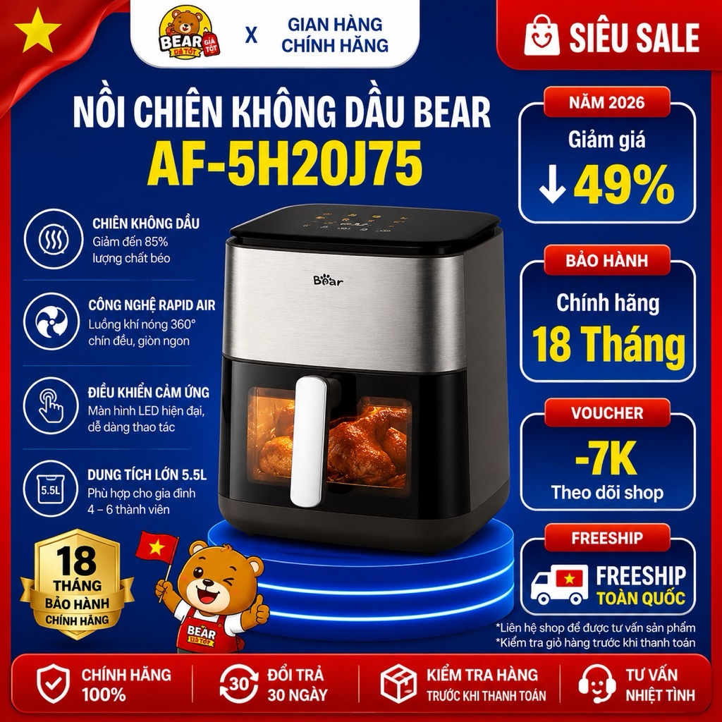 Nồi Chiên Không Dầu Bear AF-5H20J75 6L Giảm Mỡ Nấu Nhanh Lò Nướng Điện Bảo Hành 18 Tháng