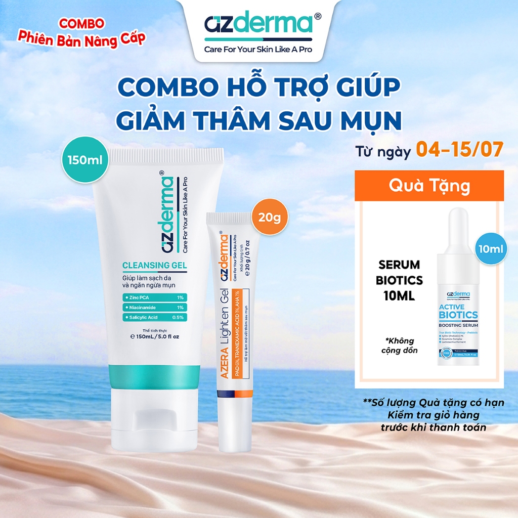 [Bản Nâng Cấp] Combo Hỗ Trợ Giúp Giảm Thâm Sau Mụn Cleansing Gel Azderma 150ml, Azera Lighten Gel Az