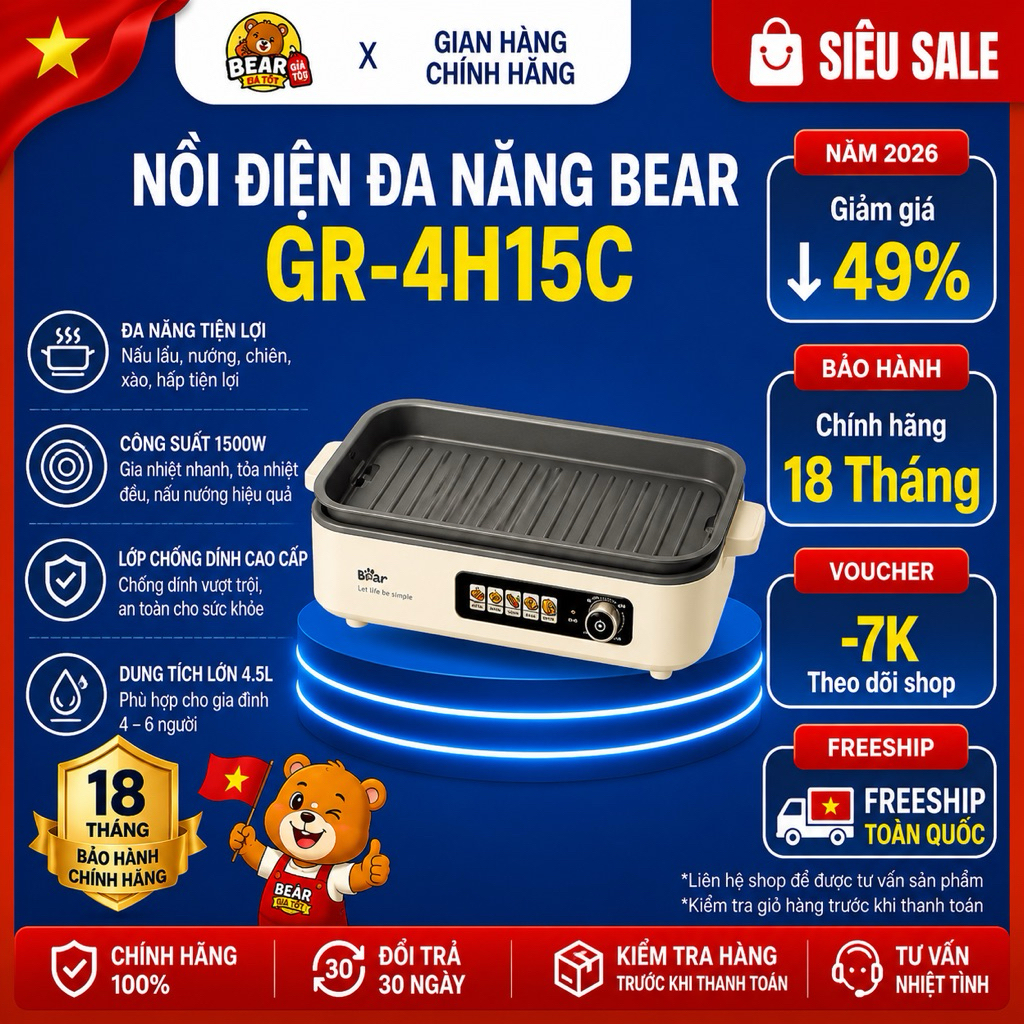 Bếp Nướng Điện Bear GR-4H15C Đa Năng Nướng BBQ Chống Dính Công Suất Lớn Bảo Hành 18 Tháng