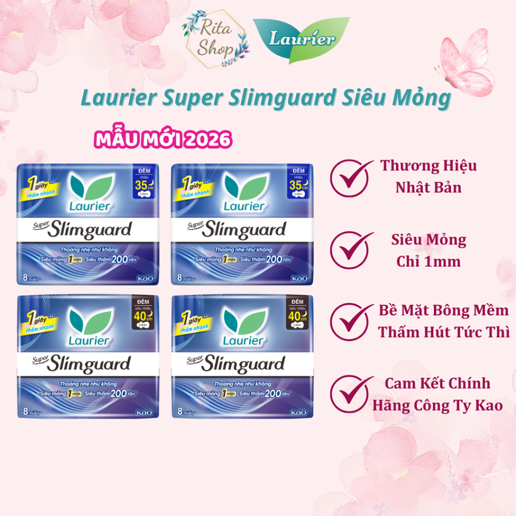 Băng Vệ Sinh Ban Đêm Laurier Super SlimGuard Siêu Mỏng 1mm 35cm 40cm 8 Miếng
