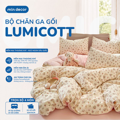 Bộ Chăn Ga Gối Lumicott Mịn Decor, Bộ Vỏ Chăn Ga Gối 4 Món, Size 1m2 | 1m6 | 1m8 | 2m2 - Đệm 10-25cm