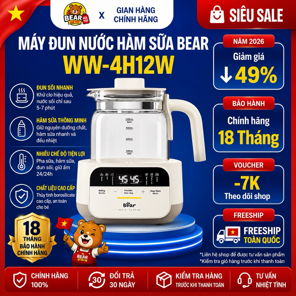 Máy Đun Nước Hâm Sữa Bear WW-4H12W Giữ Nhiệt Pha Sữa Đa Năng Bảo Hành 18 Tháng