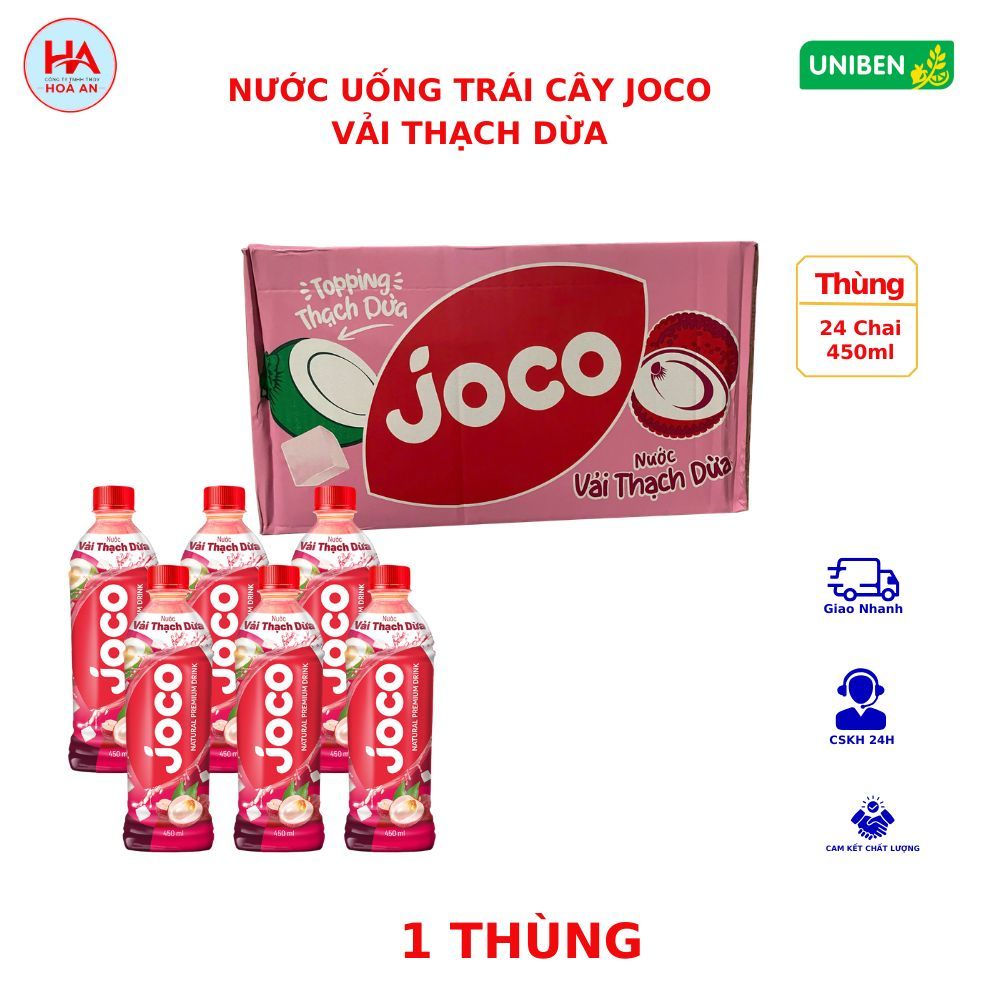 (1 Thùng) Nước Trái Cây JOCO VẢI THẠCH DỪA 450ml ( Thùng 24 Chai x 450ml)