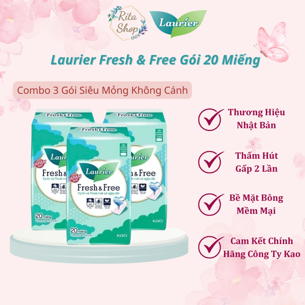 [COMBO 03 GÓI BVS KHÔNG CÁNH] Băng Vệ Sinh Laurier Fresh & Free Ban Ngày Siêu Mỏng Không Cánh (22cm-
