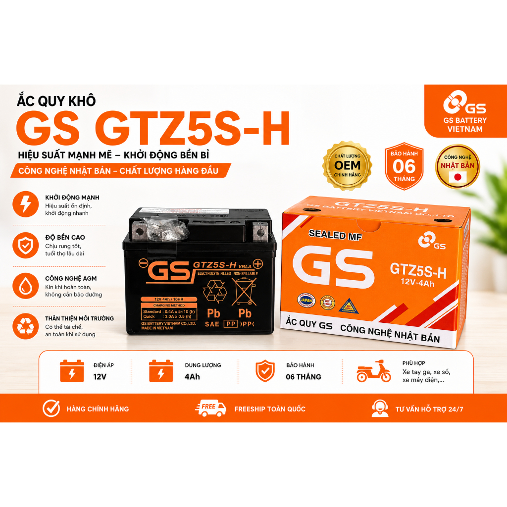 Bình ắc quy GS GTZ5S-H (12V 4ah) dùng cho xe Wave anpha đời mới, Exciter 135 5 số, Sirius Fi