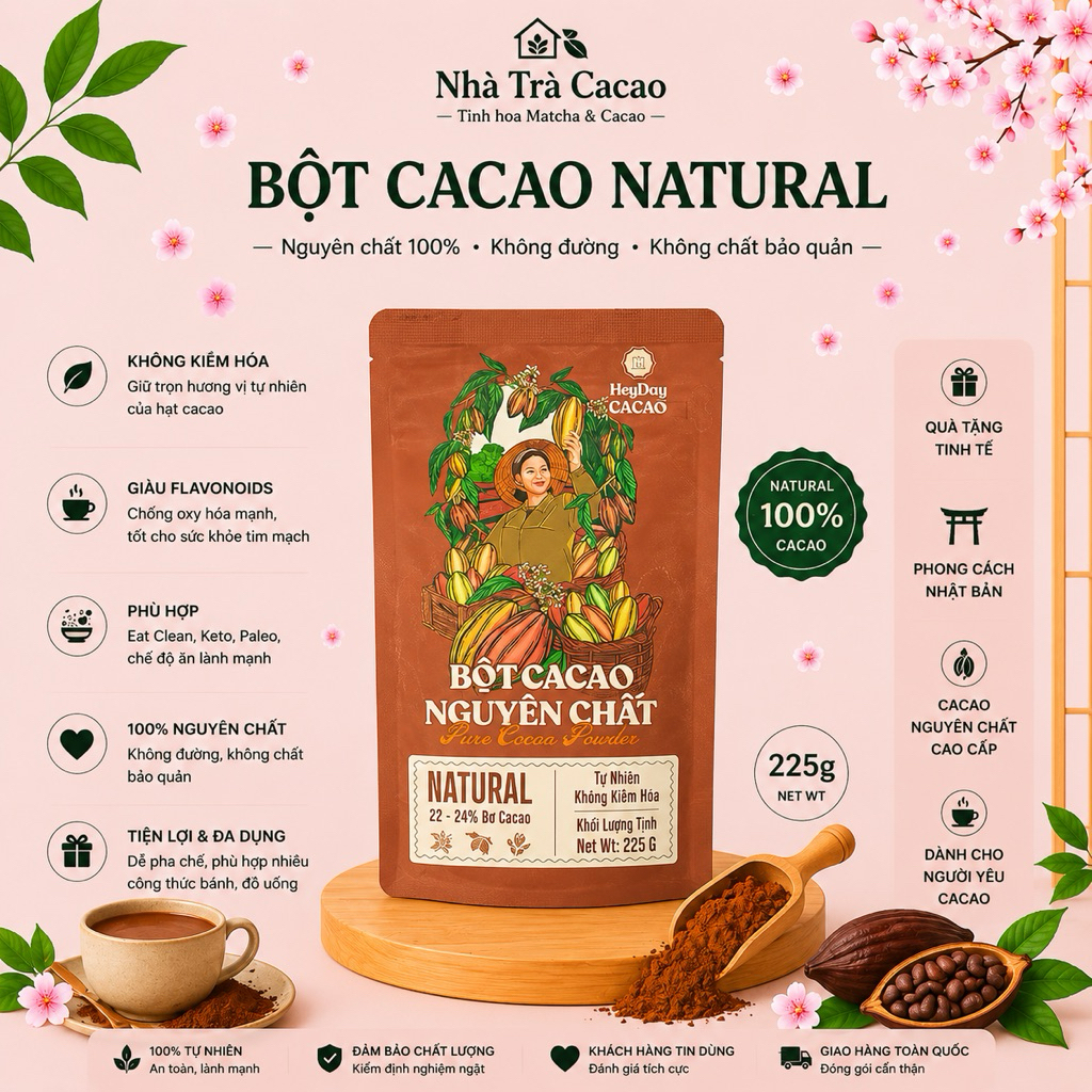( Hoả Tốc) Bột Cacao Nguyên Chất 100% không đường - Túi 225-500g, Dòng Natural Không Kiềm Hóa - Heyd