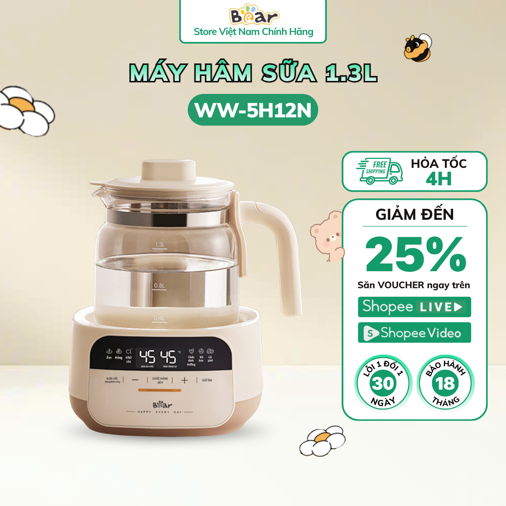 Máy Đun Nước Pha Sữa Bear 1.3L Hâm Sữa Giữ Nhiệt Rã Đông Sữa Mẹ An Toàn WW-5H12N 4H12W