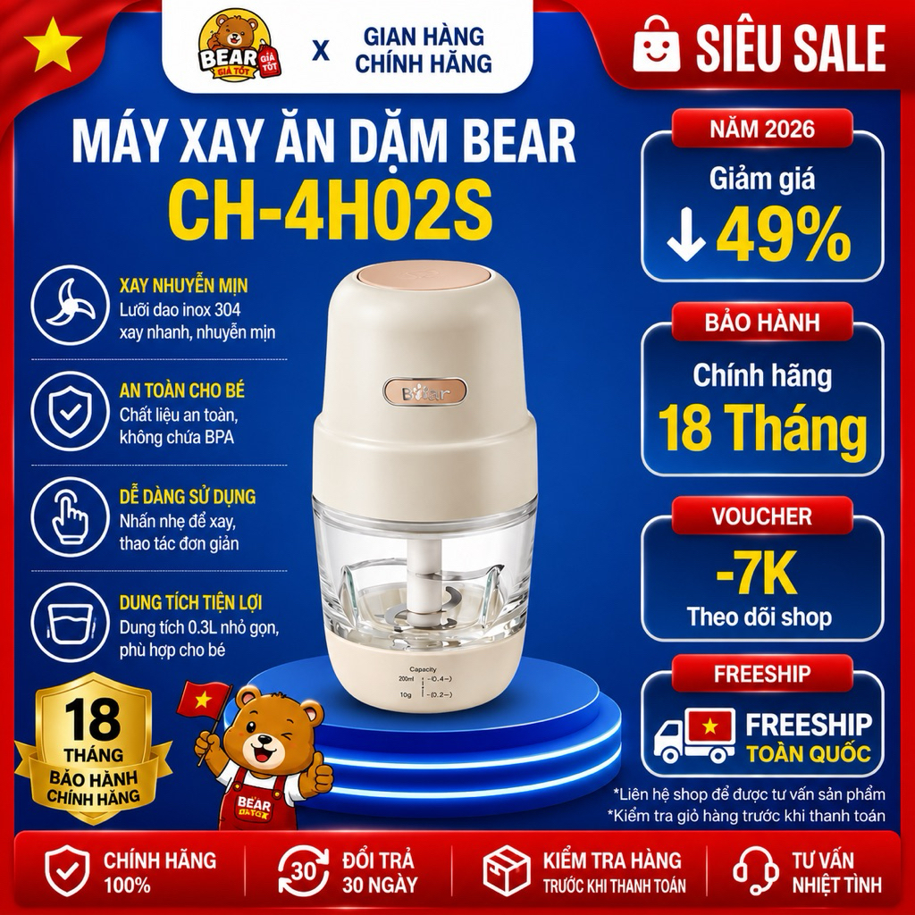 Máy Xay Ăn Dặm Bear CH-4H02S 0.3L Xay Thịt Rau Củ Mini Đa Năng Bảo Hành 18 Tháng