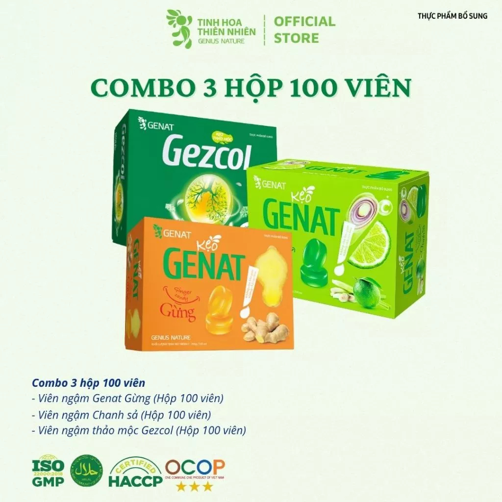 Combo 3 sản phẩm - Kẹo thảo mộc Gezcol, Genat Gừng, Genat Chanh Sả (Hộp 100 viên) - Genat