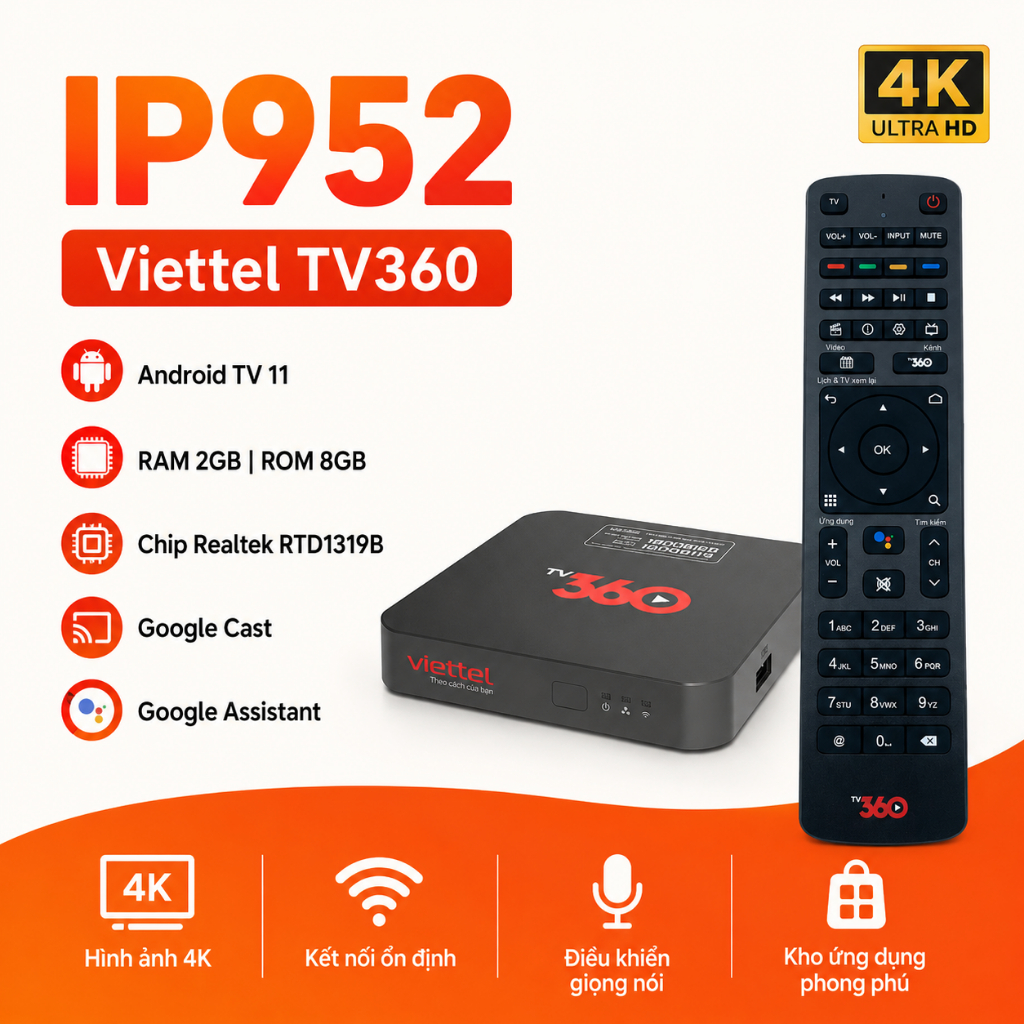 Android TV Box ViettelTV IP952 , qua sử dụng có điều khiển giọng nói, cài sẵn ứng dụng , k tốn phí
