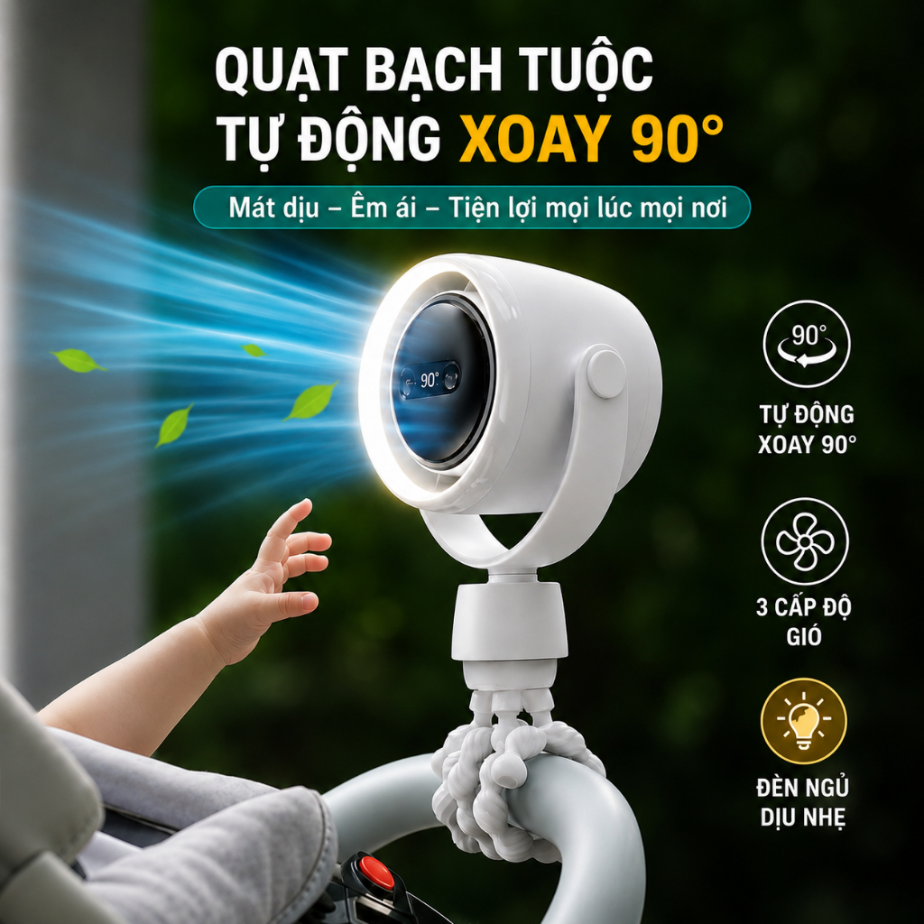Quạt Bạch Tuộc Cho Xe Đẩy Em Bé 7200mAh/20000mAh, 3 Cấp Độ Gió, Có Đèn Ngủ, Phiên Bản 20000mAh Hỗ Tr